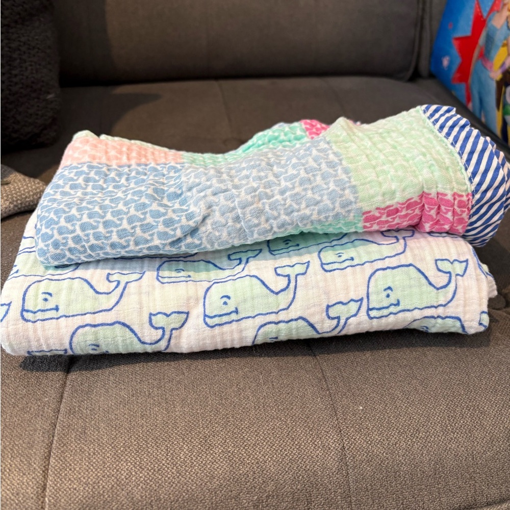 Vineyard Vines Blue and Green Whale Print Swaddle Cloth Blankets